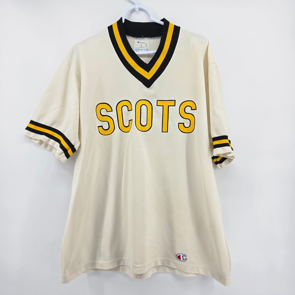 Vintage Champion Blue Bar Scots Jersey Large Cream Nylon V-Neck 70s USA Made